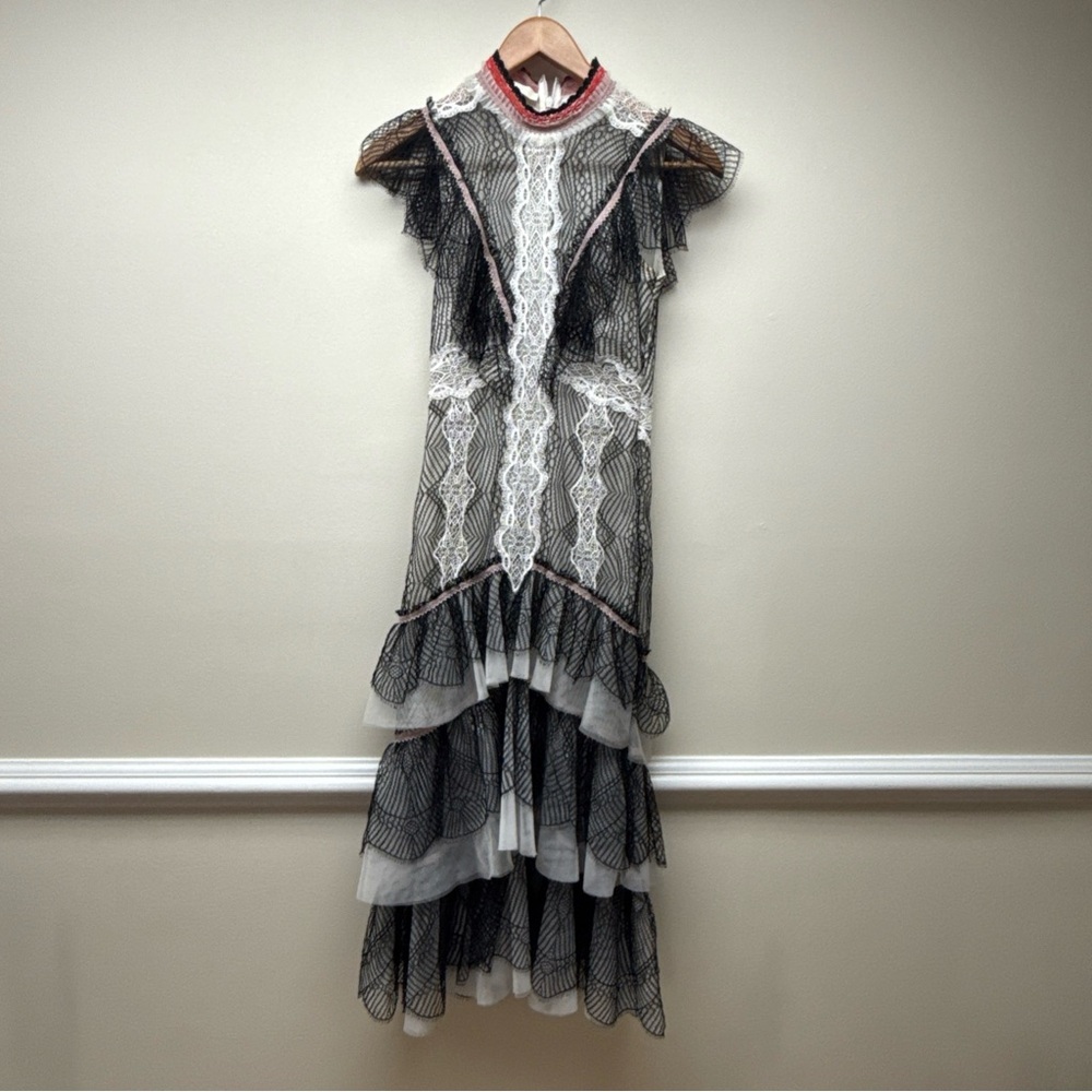 Elegant Black and White Lace Midi Dress